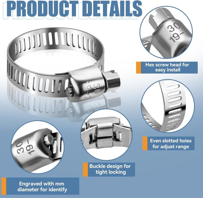 DLOUBLEIY 45PCS Hose Clamp Assortment Kit - Stainless Steel Hose Clamps with Worm Gear, Adjustable 1/4'' to 1-1/8'' (6-29mm) for Plumbing, Automotive, and Mechanical Applications - Image 3